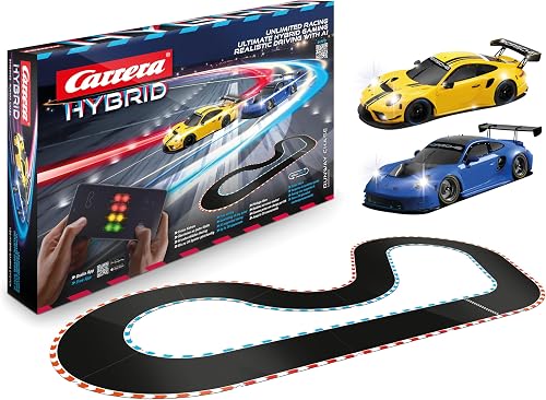 Carrera Hybrid Runway Chase mit zwei Porsche 911 GT3 R, gelb und blau.